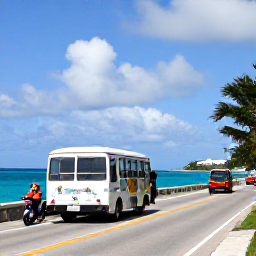 Caribbean Holidays, Cheap Bermuda Holidays, Travellers exploring Bermuda by public bus and colourful scooter along a scenic coastal road