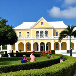 Caribbean Holidays, Cheap Bermuda July, A historic Bermuda site with pastel buildings, lush gardens and visitors enjoying a warm summer afternoon