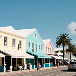 Caribbean Holidays, Cheap Bermuda July, Hamilton, Bermuda, with pastel-coloured buildings, palm trees, local shops and visitors exploring on a warm July day