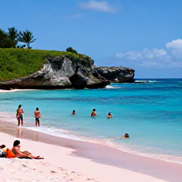 Caribbean Holidays, Cheap Bermuda July, Visitors swimming and relaxing at Horseshoe Bay in Bermuda, with pink sand, clear blue water and green coastal cliffs