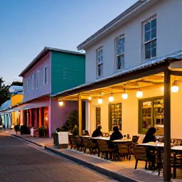 Caribbean Holidays, Cheap Bermuda November, A friendly Bermuda caf&eacute; serving local food beside a colourful street in Hamilton, with outdoor tables and evening light
