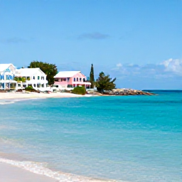 Caribbean Holidays, Cheap Bermuda November, A sunny coastal view of Bermuda in November, with pastel houses, turquoise water and a quiet beach