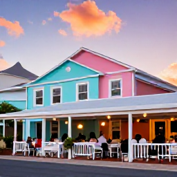 Caribbean Holidays, Cheap Bermuda October, Friendly Bermuda restaurant terrace serving fresh seafood at sunset, with pastel buildings and relaxed diners