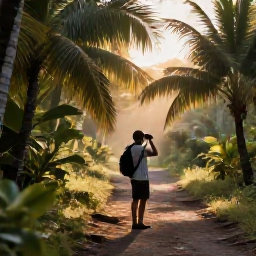 Caribbean Holidays, Cheap Birdwatching Holidays, Birdwatcher with binoculars on a Caribbean forest path at sunrise, surrounded by palms and tropical foliage