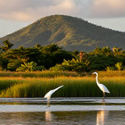 Caribbean Holidays, Cheap Birdwatching Holidays, Quiet Caribbean wetland at golden hour with egrets, herons and tropical hills in the background