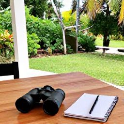 Caribbean Holidays, Cheap Birdwatching Holidays, Simple Caribbean guesthouse near a bird-filled garden, with binoculars and a notebook on a wooden table