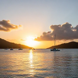 Caribbean Holidays, Cheap British Virgin Islands, Golden sunset over the British Virgin Islands with boats anchored in a calm bay and hills in the background
