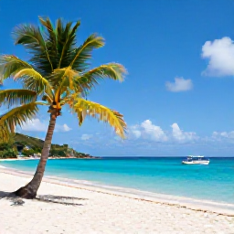 Caribbean Holidays, Cheap British Virgin Islands, Sunny white-sand beach on Tortola with calm turquoise sea, palm trees and a small local boat