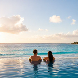 Caribbean Holidays, Cheap Business Class, A couple relaxing at a Caribbean resort pool overlooking a bright blue sea at sunset