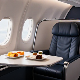 Caribbean Holidays, Cheap Business Class, A modern business class aircraft cabin with a comfortable seat, neat dining table and soft natural light