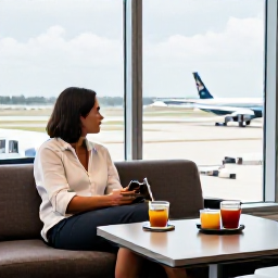 Caribbean Holidays, Cheap Business Class, A relaxed traveller enjoying an airport lounge with refreshments, comfortable seating and views across an airport runway