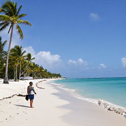 Caribbean Holidays, Cheap Business Class, A wide Caribbean beach with turquoise water, palm trees and a relaxed traveller arriving near the shoreline