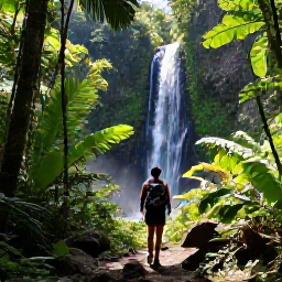 Caribbean Holidays, Cheap Caribbean Backpacking, Backpacker hiking through lush Caribbean rainforest towards a waterfall, with tropical plants and bright sunlight