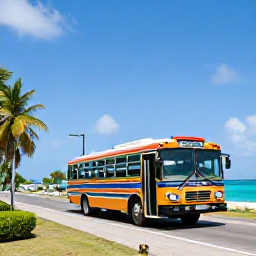 Caribbean Holidays, Cheap Caribbean Backpacking, Backpacker travelling on a colourful local bus along a tropical Caribbean coastal road