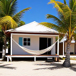 Caribbean Holidays, Cheap Caribbean Backpacking, Budget traveller relaxing on a Caribbean beach beside a simple guesthouse with hammocks and palm trees