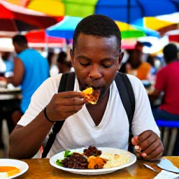 Caribbean Holidays, Cheap Caribbean Backpacking, Friendly backpacker eating an inexpensive local meal at a colourful Caribbean street market