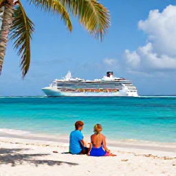 Caribbean Holidays, Cheap Caribbean Cruises, A couple enjoying a quiet tropical beach with white sand, turquoise sea and palm trees during a Caribbean cruise stop