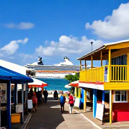 Caribbean Holidays, Cheap Caribbean Cruises, Colourful Caribbean market street beside a sunny harbour, with local shops, caf&eacute;s and cruise passengers exploring