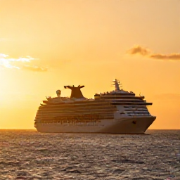 Caribbean Holidays, Cheap Caribbean Cruises, Golden sunset over a Caribbean cruise ship at sea, with calm waves and warm light across the horizon