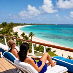 Caribbean Holidays, Cheap Caribbean Cruises, Travellers relaxing on a cruise ship deck with the Caribbean coastline and palm-fringed beaches in the background