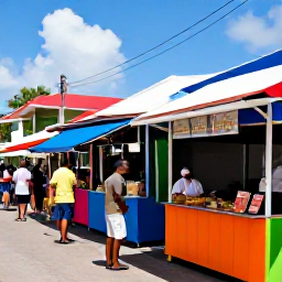 Caribbean Holidays, Cheap Caribbean Holidays, Colourful Caribbean market street in July with local food stalls, music and friendly island atmosphere