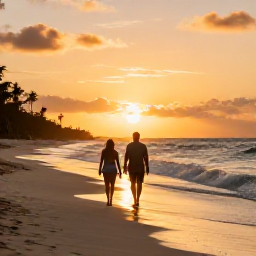 Caribbean Holidays, Cheap Caribbean Holidays, Couple walking along a quiet Caribbean beach at sunset, with gentle waves and warm golden light, realistic travel photograph