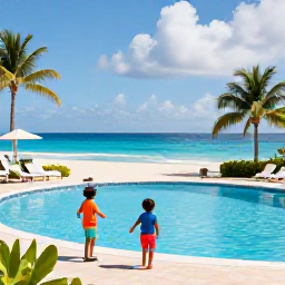 Caribbean Holidays, Cheap Caribbean Holidays, Family-friendly Caribbean resort in July with a swimming pool, sandy beach and children playing safely nearby