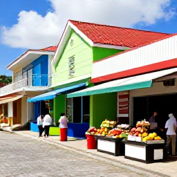 Caribbean Holidays, Cheap Caribbean Holidays, Friendly Caribbean market street with fresh fruit stalls, local food and colourful buildings in bright daylight, realistic travel photograph