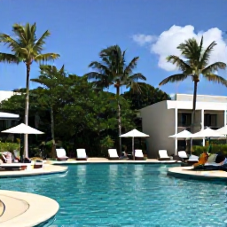 Caribbean Holidays, Cheap Caribbean Holidays, Sunlit Caribbean resort pool beside palm trees, with a comfortable but affordable hotel setting and guests relaxing, realistic travel photograph