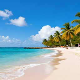 Caribbean Holidays, Cheap Caribbean Holidays, Sunny Caribbean beach in July with clear turquoise water, palm trees and a relaxed holiday atmosphere