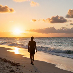 Caribbean Holidays, Cheap Caribbean Holidays, Traveller enjoying a sunset walk along a Caribbean beach in July, with gentle waves and warm evening light