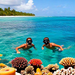 Caribbean Holidays, Cheap Caribbean Honeymoons, A couple snorkelling together in clear Caribbean water near a colourful coral reef, with a tropical island shoreline in the background