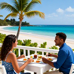 Caribbean Holidays, Cheap Caribbean Honeymoons, A friendly Caribbean resort with a couple enjoying breakfast on a terrace overlooking a tropical beach and bright blue sea