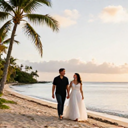 Caribbean Holidays, Cheap Caribbean Honeymoons, A happy newlywed couple walking hand in hand beside a calm Caribbean shoreline at golden hour, with soft evening light and palm trees