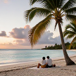 Caribbean Holidays, Cheap Caribbean Honeymoons, A newlywed couple relaxing on a quiet Caribbean beach at sunset, with palm trees, calm turquoise water and a modest romantic picnic