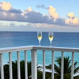 Caribbean Holidays, Cheap Caribbean Honeymoons, A romantic but affordable Caribbean evening with two glasses of sparkling wine on a simple balcony overlooking the sea