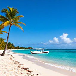 Caribbean Holidays, Cheap Caribbean Tours, Bright Caribbean beach with clear turquoise water, palm trees and a small local boat near the shore