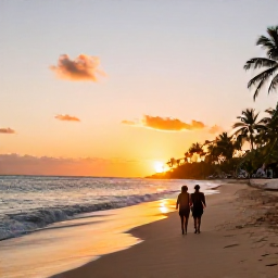 Caribbean Holidays, Cheap Caribbean Tours, Couple walking along a quiet Caribbean beach at sunset, with gentle waves, palm silhouettes and warm evening light