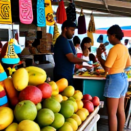Caribbean Holidays, Cheap Caribbean Tours, Friendly Caribbean market with colourful stalls, fresh tropical fruit, local crafts and visitors exploring in daylight