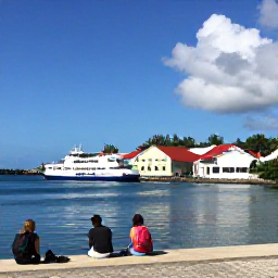 Caribbean Holidays, Cheap Caribbean Trips, A budget-friendly Caribbean island harbour with a small ferry, colourful waterfront buildings and travellers with backpacks