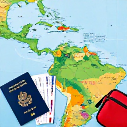 Caribbean Holidays, Cheap Caribbean Trips, A colourful Caribbean map beside a passport, ferry tickets and a small travel bag, bright natural light