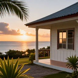 Caribbean Holidays, Cheap Caribbean Trips, A friendly Caribbean guesthouse with a small veranda, tropical plants and a sunset over the sea