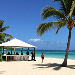 Caribbean Holidays, Cheap Caribbean Trips, A relaxed Caribbean beach with clear water, palm trees, a simple local caf&eacute; and travellers enjoying an affordable day out