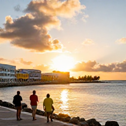 Caribbean Holidays, Cheap Caribbean Trips, Travellers watching a golden Caribbean sunset from a waterfront promenade, with colourful buildings and calm water
