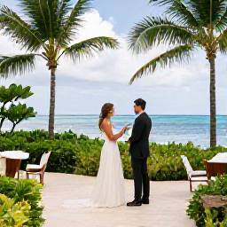 Caribbean Holidays, Cheap Caribbean Weddings, A couple reviewing an affordable Caribbean wedding plan at a relaxed hotel terrace, with tropical gardens and ocean views