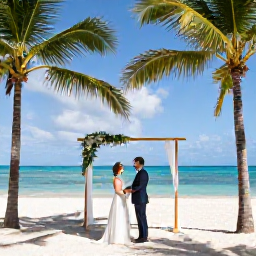 Caribbean Holidays, Cheap Caribbean Weddings, A happy couple exchanging wedding vows on a sunny Caribbean beach, with palm trees, calm turquoise sea and simple elegant decorations
