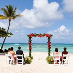 Caribbean Holidays, Cheap Caribbean Weddings, A laid-back Caribbean beach wedding with a small group of guests, simple white chairs and natural tropical flowers