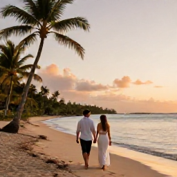 Caribbean Holidays, Cheap Caribbean Weddings, A newly married couple walking along a quiet Caribbean beach at sunset, with warm light, palm trees and calm water