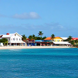 Caribbean Holidays, Cheap Cayman December, Colourful George Town waterfront in Grand Cayman, Caribbean buildings, palm trees, local shops and bright blue sea