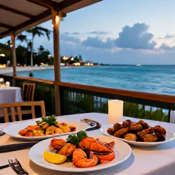 Caribbean Holidays, Cheap Cayman December, Relaxed Cayman Islands restaurant serving fresh local seafood at an outdoor table near the sea during a warm December evening